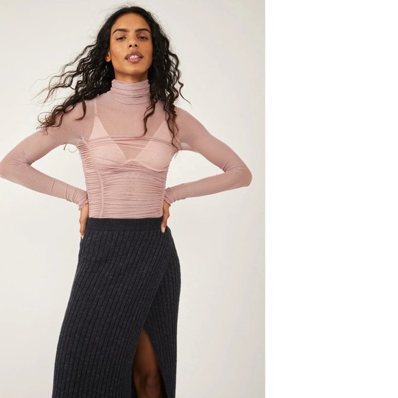 FREE PEOPLE Women's sz Small Under It All Ruched Long Sleeve Mesh Bodysuit Pink - Picture 13 of 13